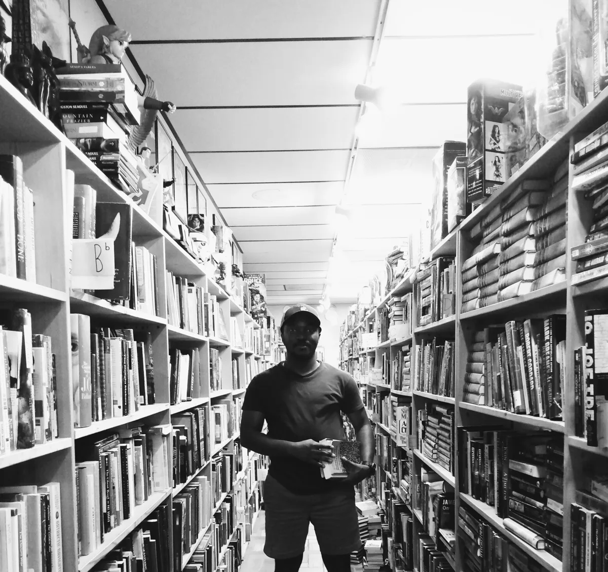 Among the library shelves